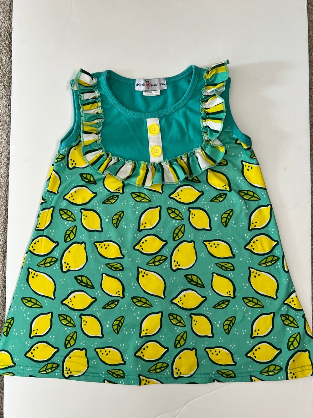 Sleeveless Kids Lemon-Print Ruffle Dress Shirt in Teal by Adorable Sweetheart - Picture 2 of 5